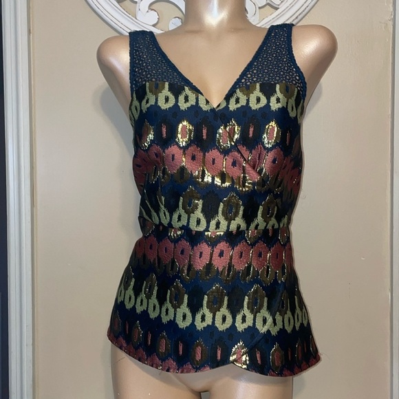 Anthropologie HD Paris womens blouse 12 large Yana Jacquard Peplum Blue Metallic - Picture 2 of 13